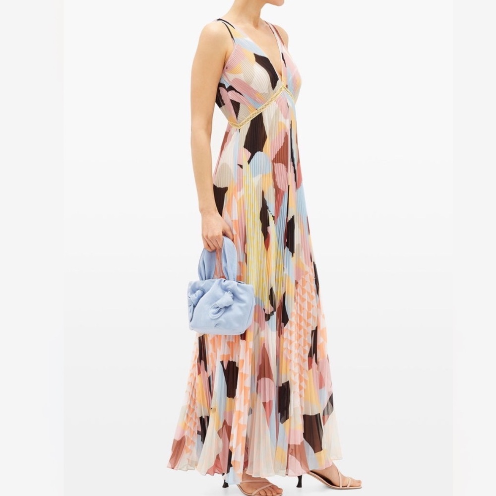 Self-Portrait V-Neck Geo-Print Plisse Georgette Pleated Maxi Dress Sz 4